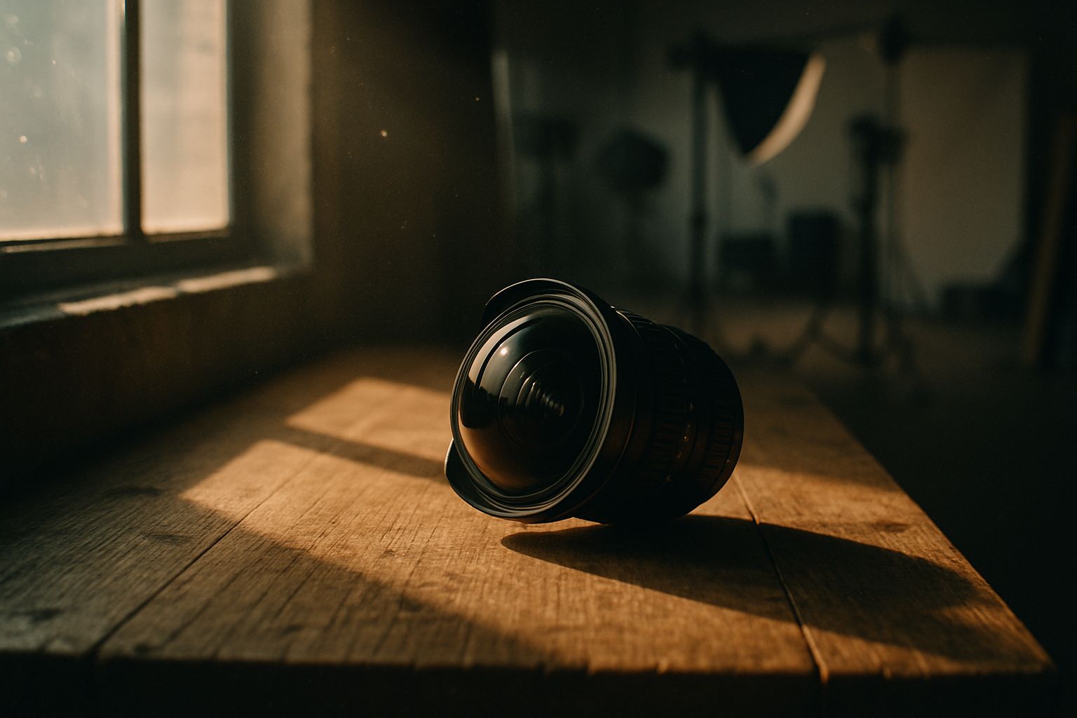 Ambiance atelier photo avec un fisheye plein format posé sur un plan de travail en bois brut, lumière douce d'une fenêtre latérale, bokeh d'un studio en arrière-plan