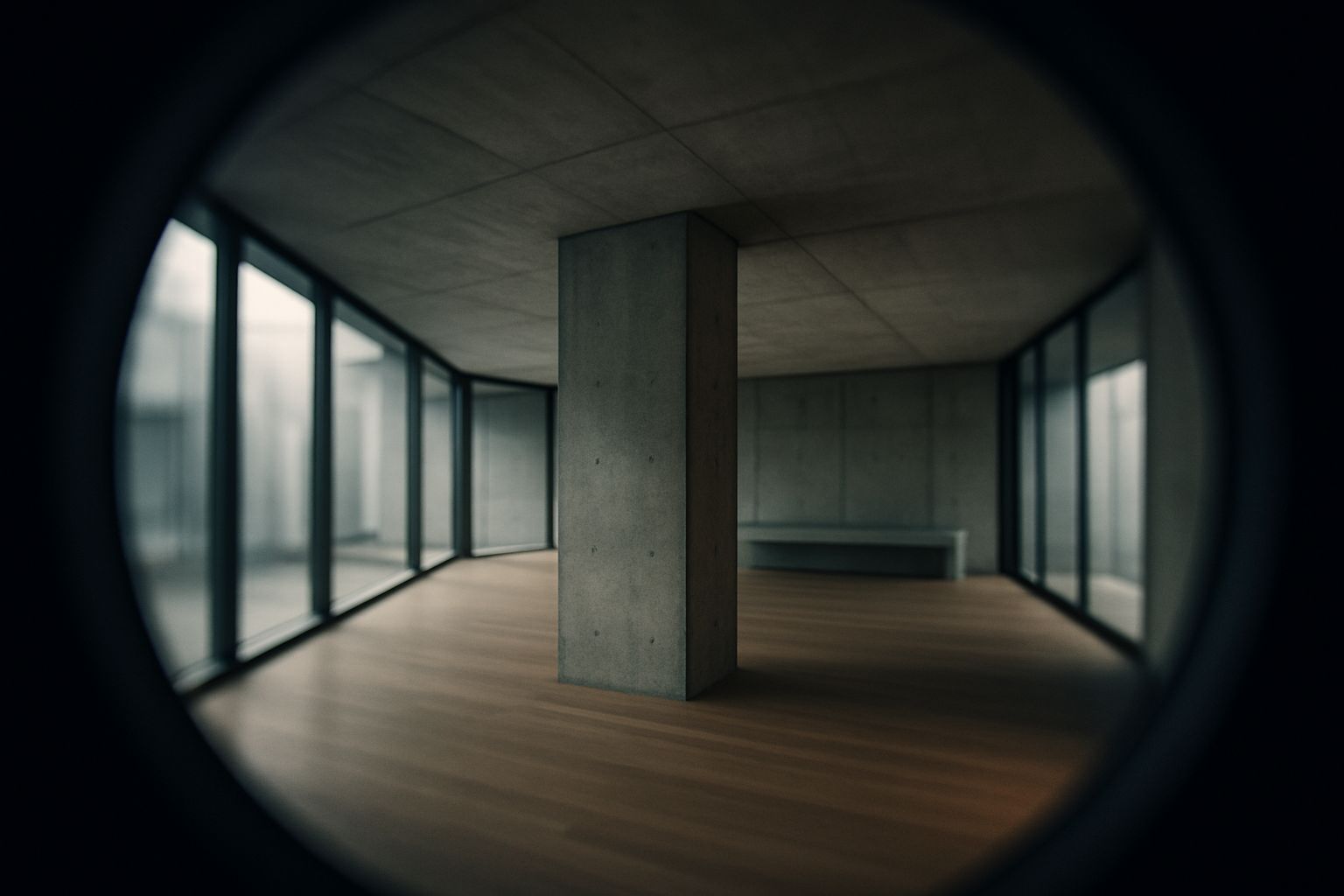 Vue circulaire déformée d'un intérieur architectural moderne photographié au fisheye