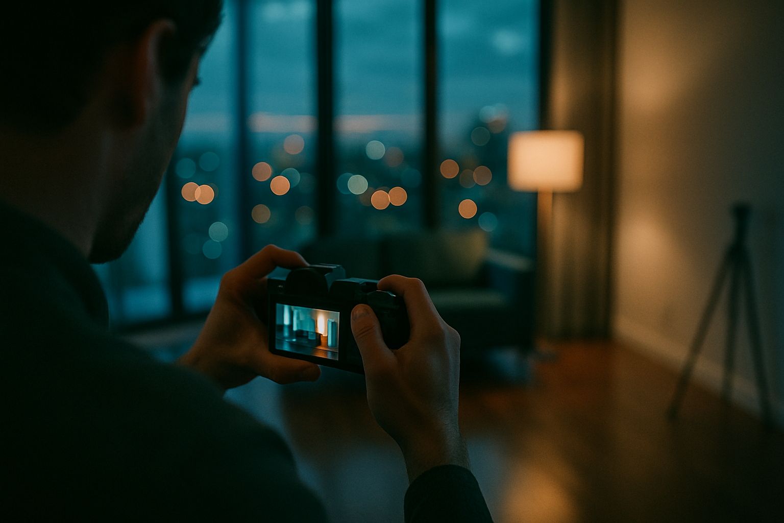 Photographe tenant un hybride plein format compact à main levée dans un intérieur d'appartement sombre au crépuscule