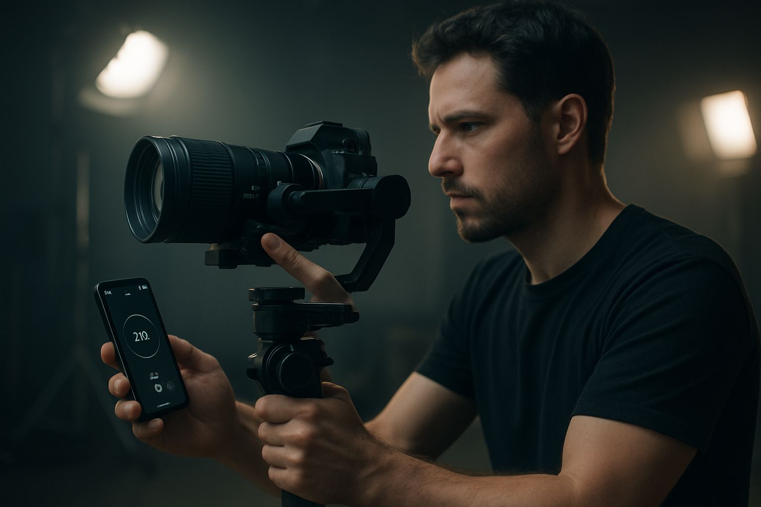 Scène de studio cinématographique avec caméra en gimbal, zoom motorisé fluide, contrôle remoteandroid app, plan d'une équipe événement corporate filmant