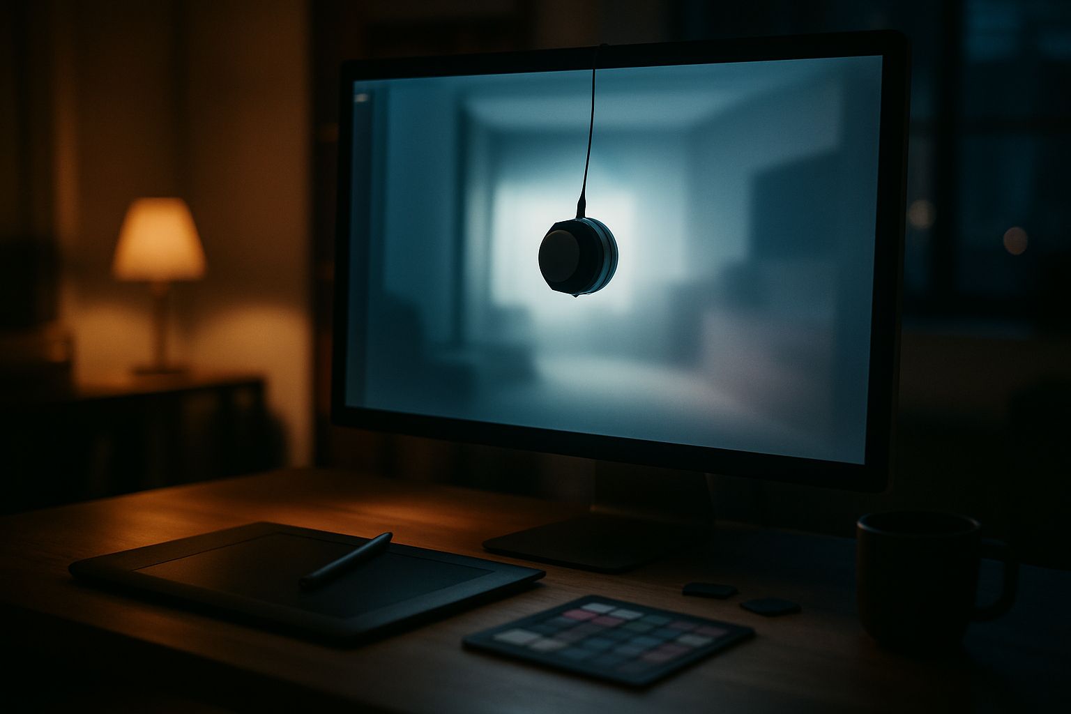 Poste de retouche photo professionnel avec écran calibré affichant un masque de profondeur sur une image d'intérieur