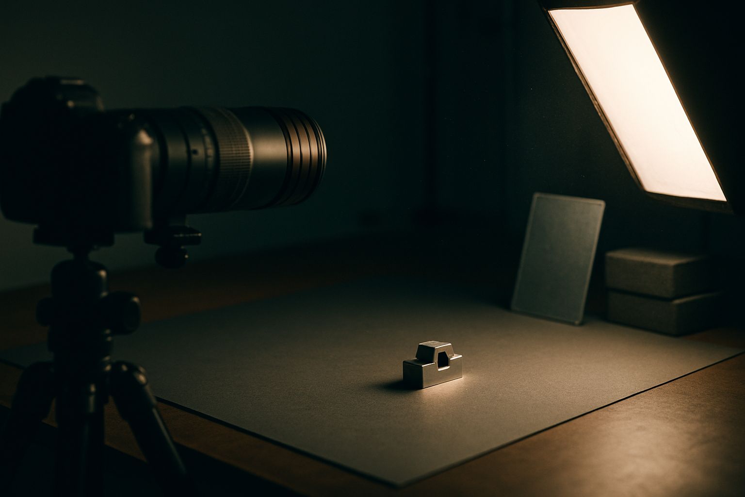 Scène de studio packshot avec un téléobjectif macro monté sur trépied face à un petit objet métallique éclairé en lumière rasante