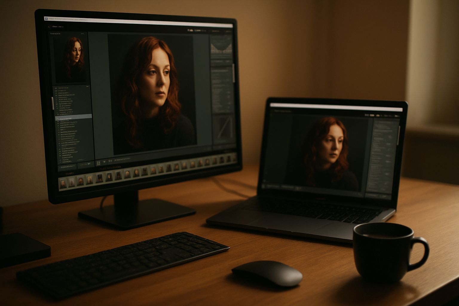 Interface Lightroom avec panneaux de retouche, ambiance studio de retouche pro