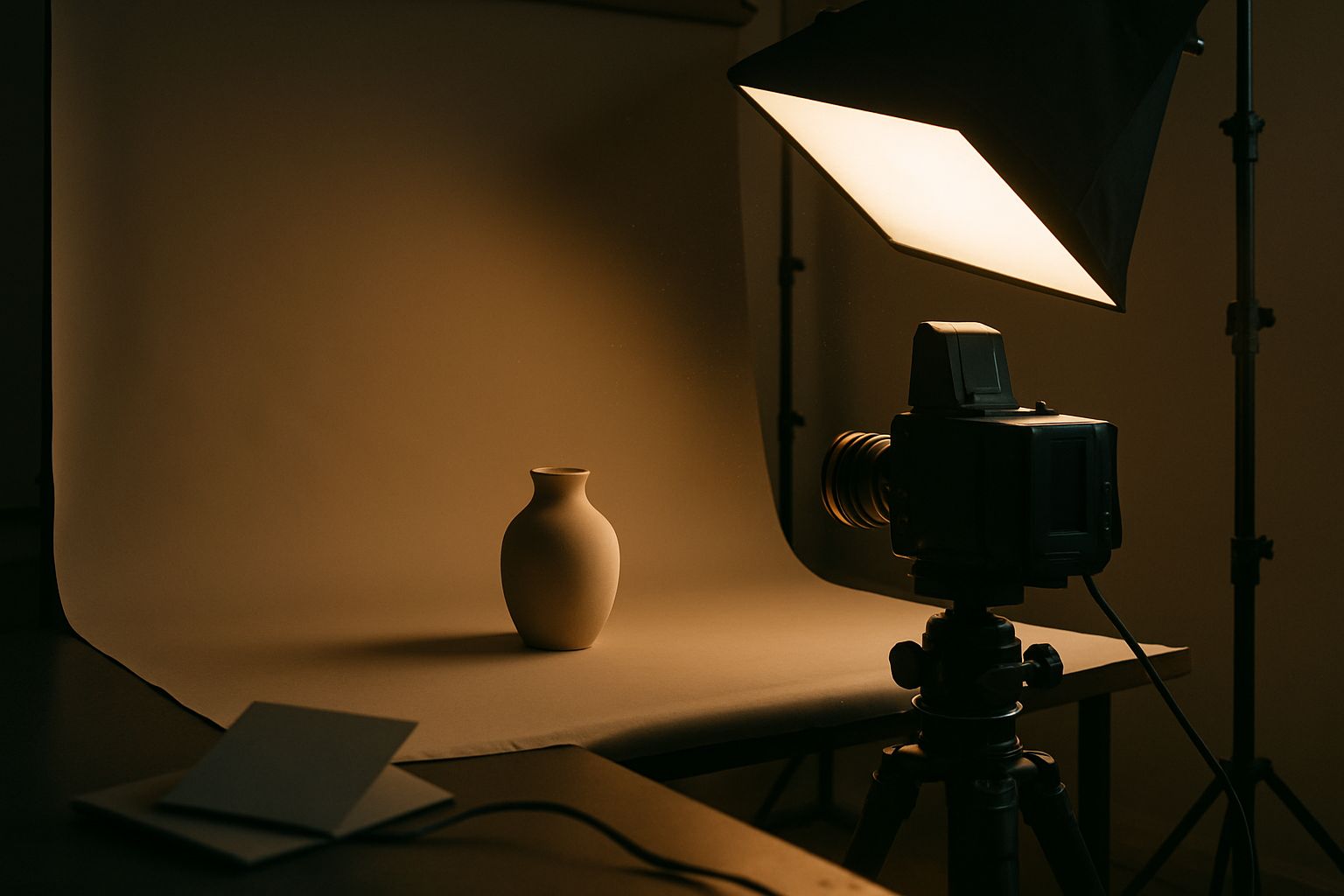 Atelier de photographie produit avec un boîtier moyen format sur trépied face à un objet en céramique éclairé en lumière douce latérale