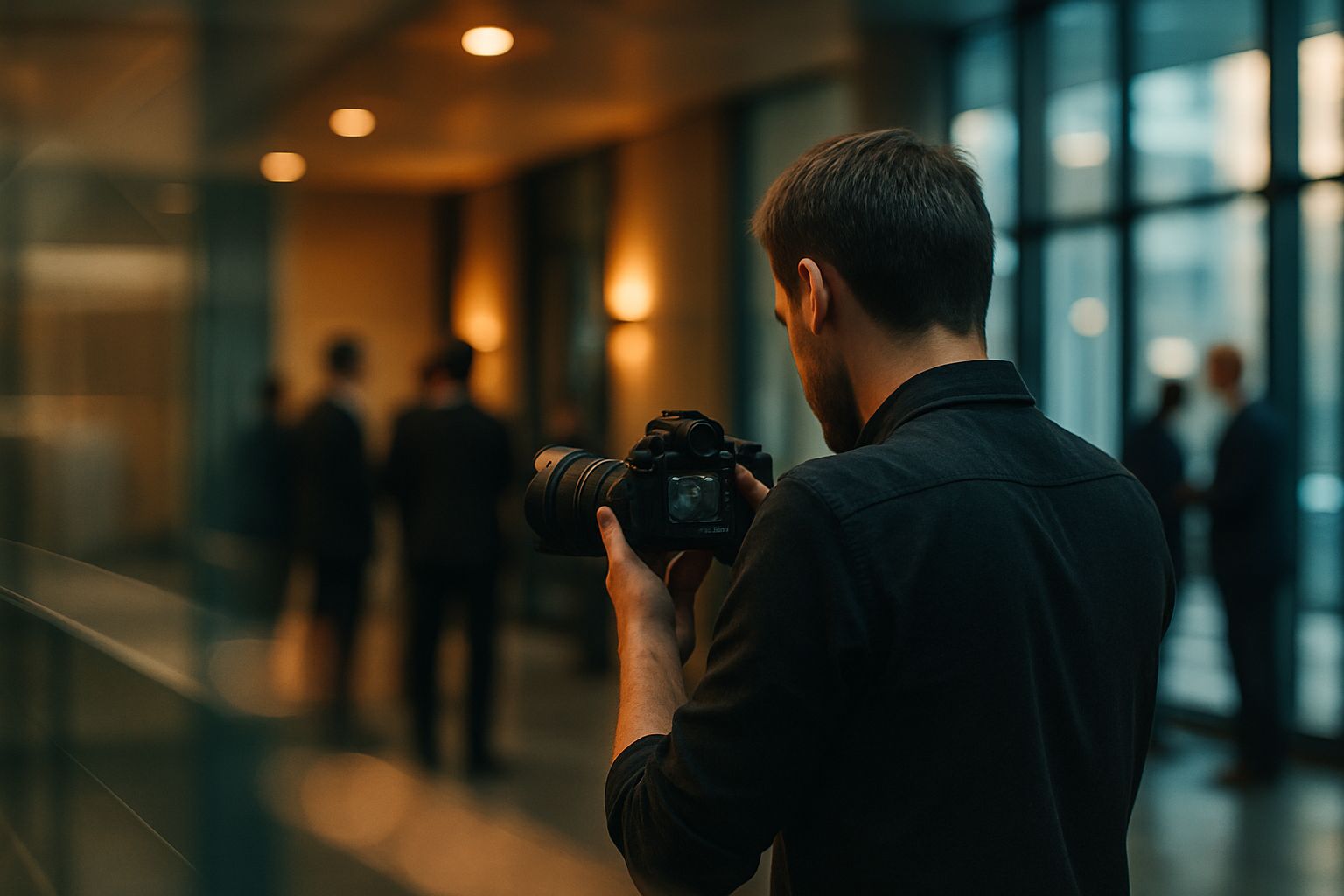 Photographe professionnel en reportage corporate avec zoom standard, ambiance feutrée et lumière douce