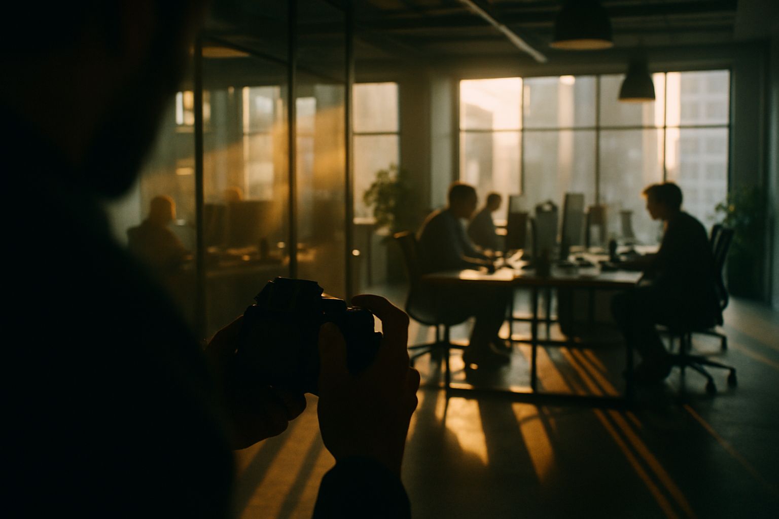 Photographe en reportage dans un open space d'entreprise, lumière naturelle rasante