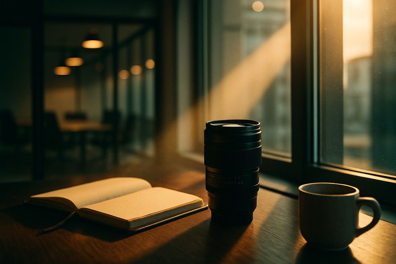 Objectif 50mm posé sur un bureau près d'une fenêtre, lumière de fin de journée dans un bureau moderne
