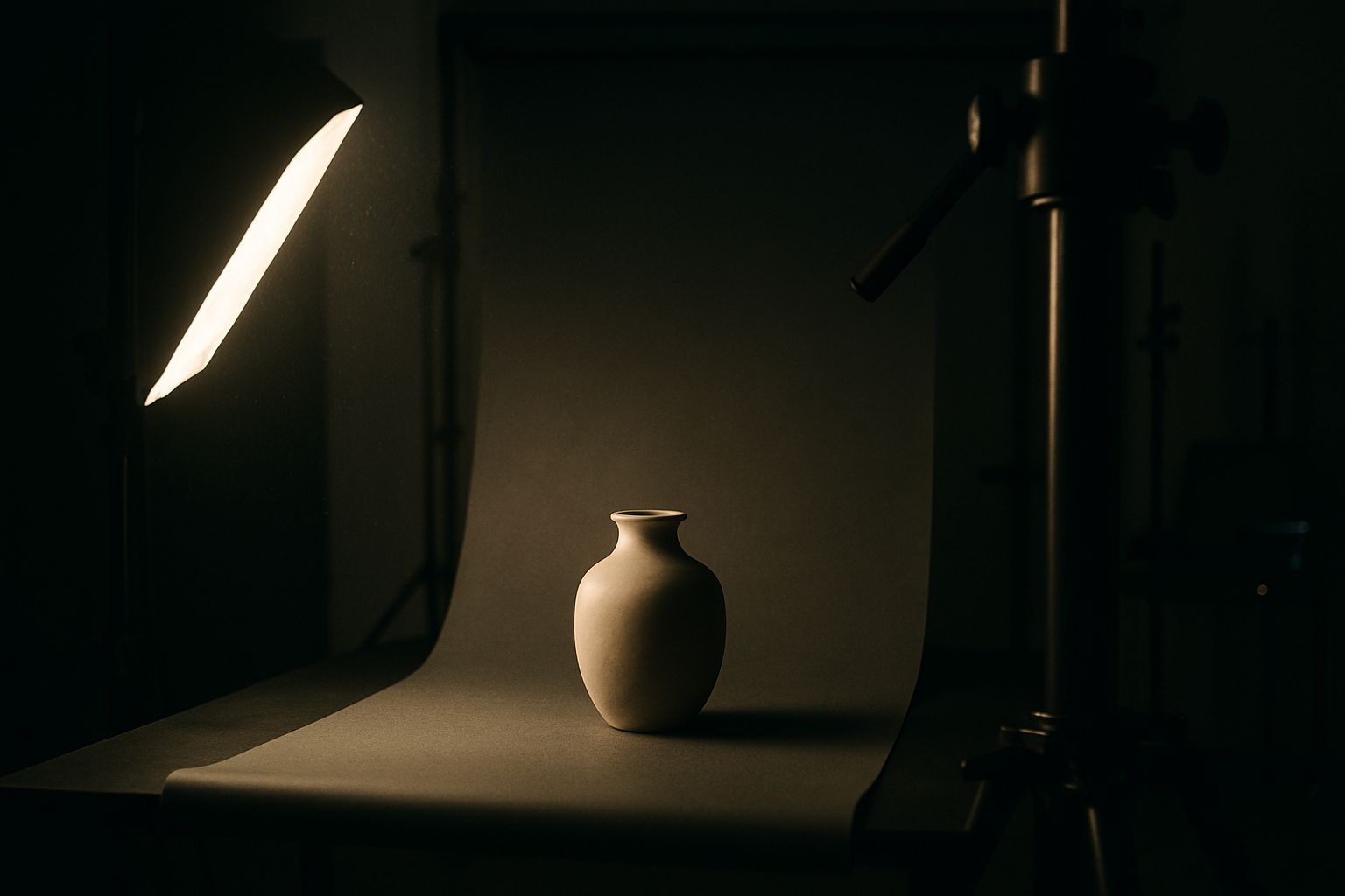 Scène de studio de photographie produit avec un objet en céramique posé sur un fond gris, éclairé par une softbox latérale