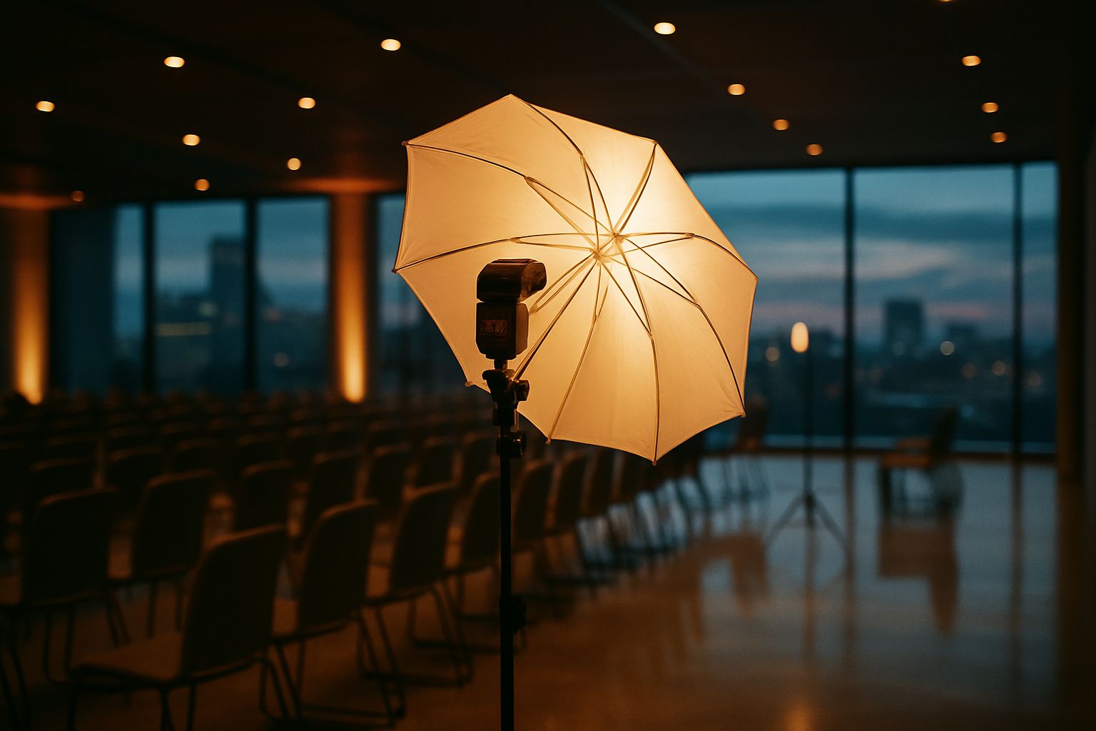 Flash cobra monté sur pied avec parapluie dans un espace de séminaire d'entreprise, lumière d'ambiance tamisée