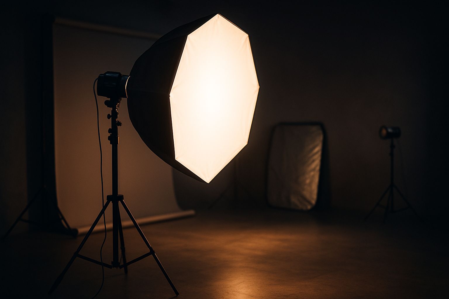 Monolight sur pied avec softbox octogonale dans un studio photo professionnel