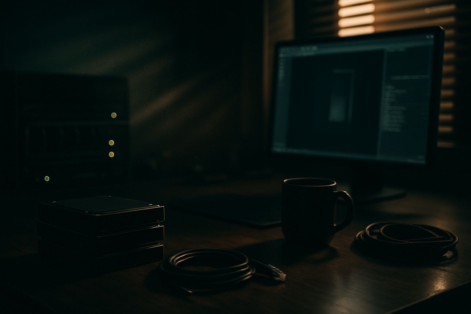 Studio de photographe pro avec rack NAS et disques durs en environnement de travail éditorial