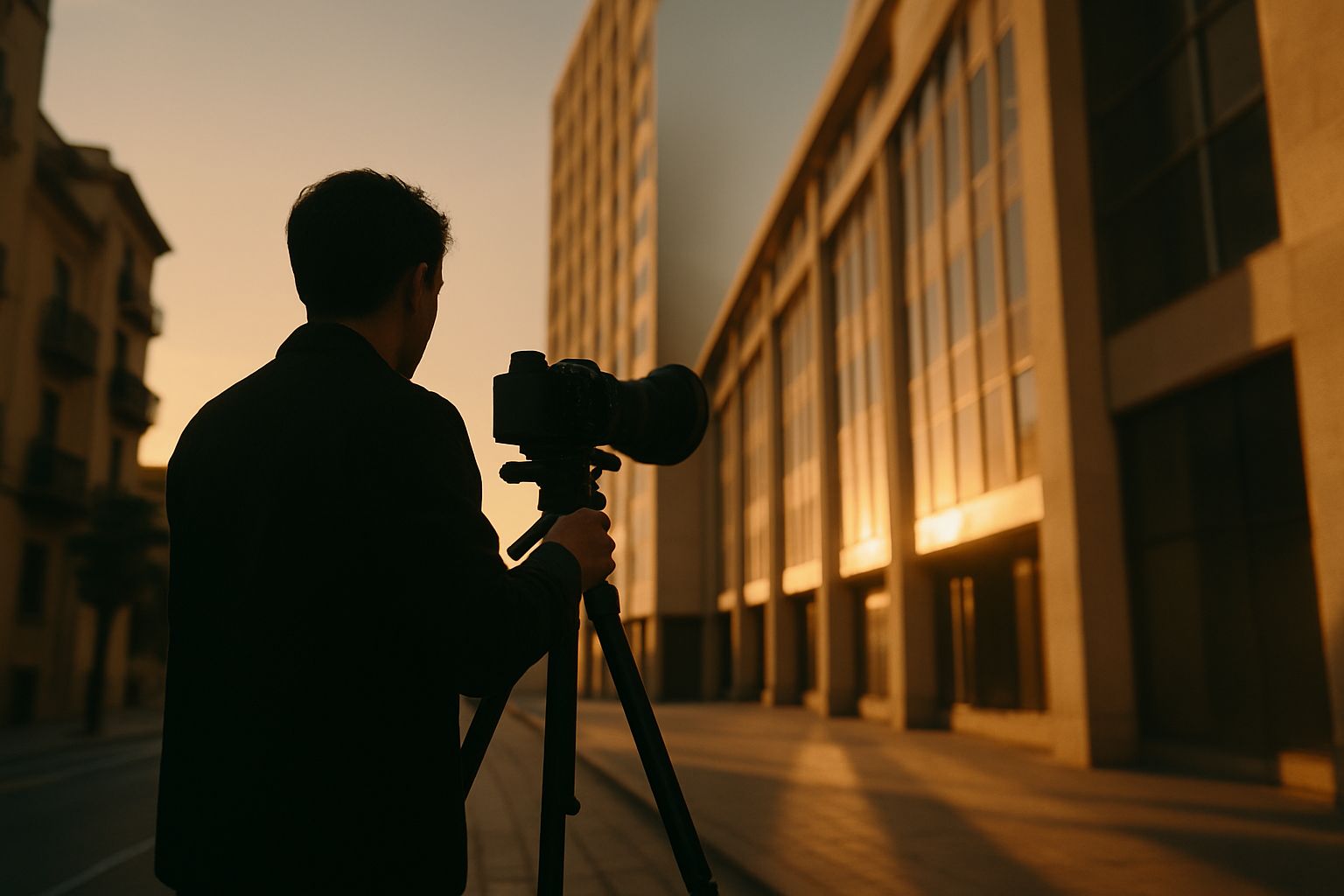 Photographe pro devant façade d'immeuble contemporain, appareil hybride monté sur trépied avec objectif à décentrement, lumière rasante fin de journée, ambiance éditoriale architecture