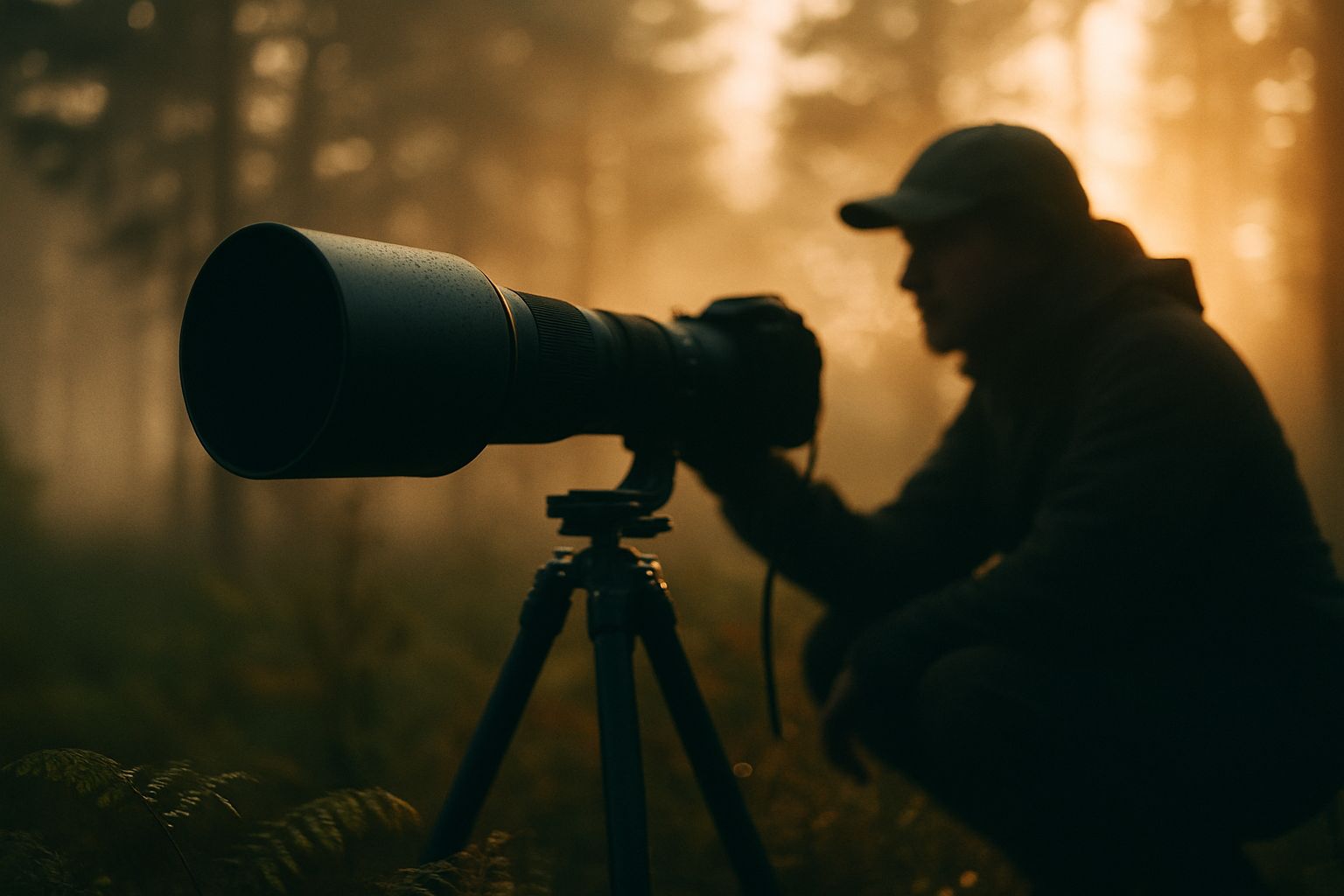 Photographe animalier en poste d'affût à l'aube, super-téléobjectif zoom monté sur trépied carbone, brume matinale dans une clairière