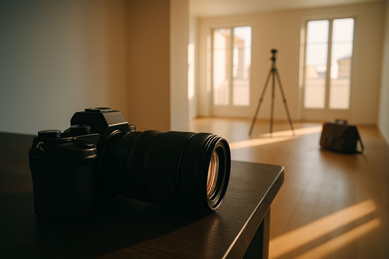 Hybride plein format équipé d'un zoom trans-standard posé sur un bureau dans un appartement lumineux