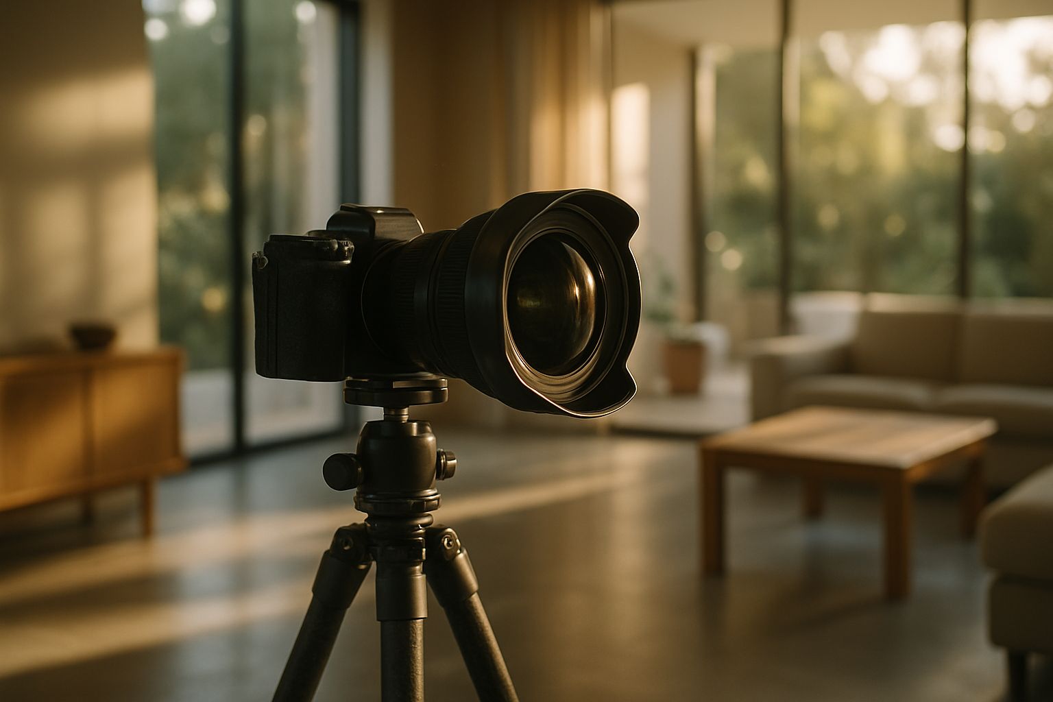 Hybride plein format équipé d'un zoom ultra grand-angle sur trépied dans un intérieur d'architecture baigné de lumière