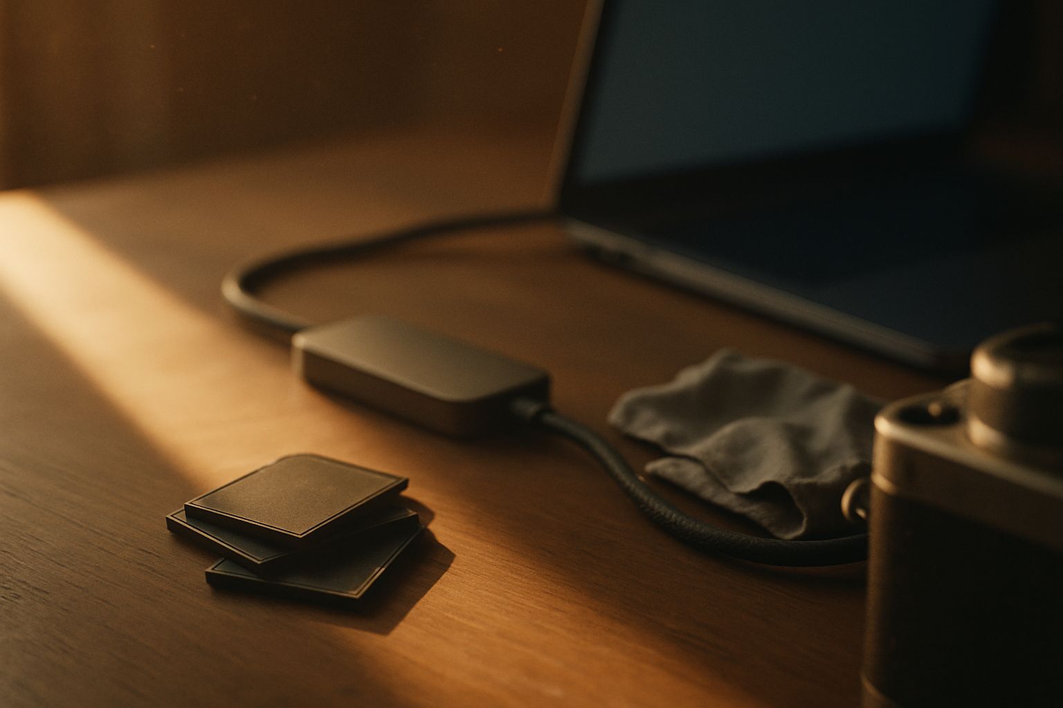 Cartes mémoire CFexpress posées près d'un lecteur USB-C et d'un ordinateur portable sur un bureau de photographe en fin de journée
