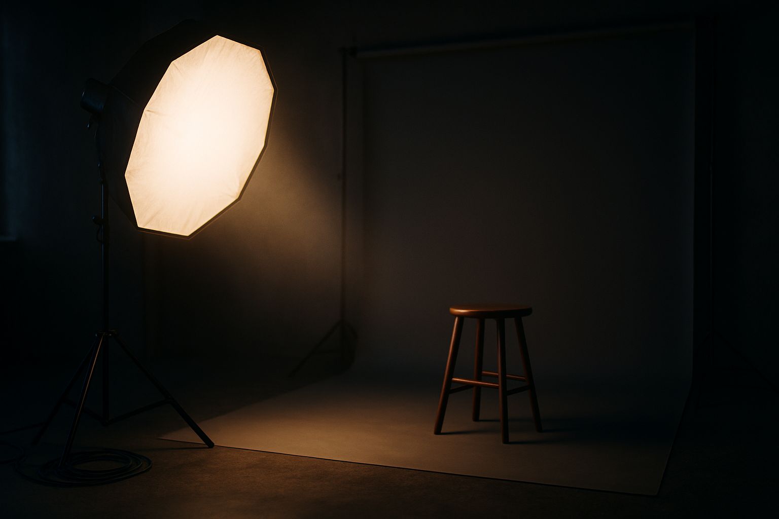 Softbox octogonale montée sur flash de studio dans un studio photo sombre