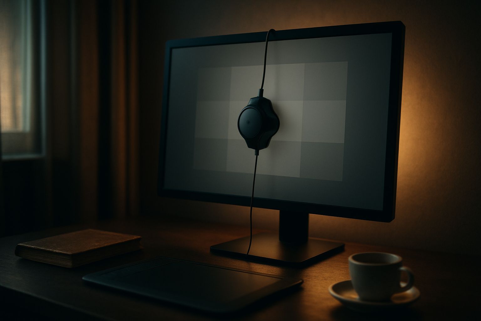 Studio de retouche photo avec sonde de calibration posée sur l'écran d'un moniteur professionnel, éclairage tamisé et contrôlé.