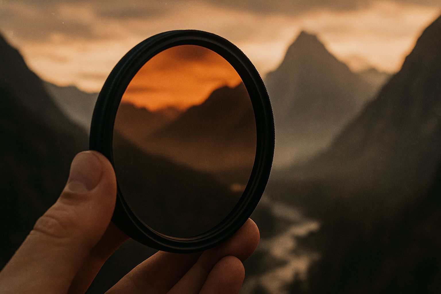 Filtre ND vissé sur un objectif avec un paysage montagneux en arrière-plan