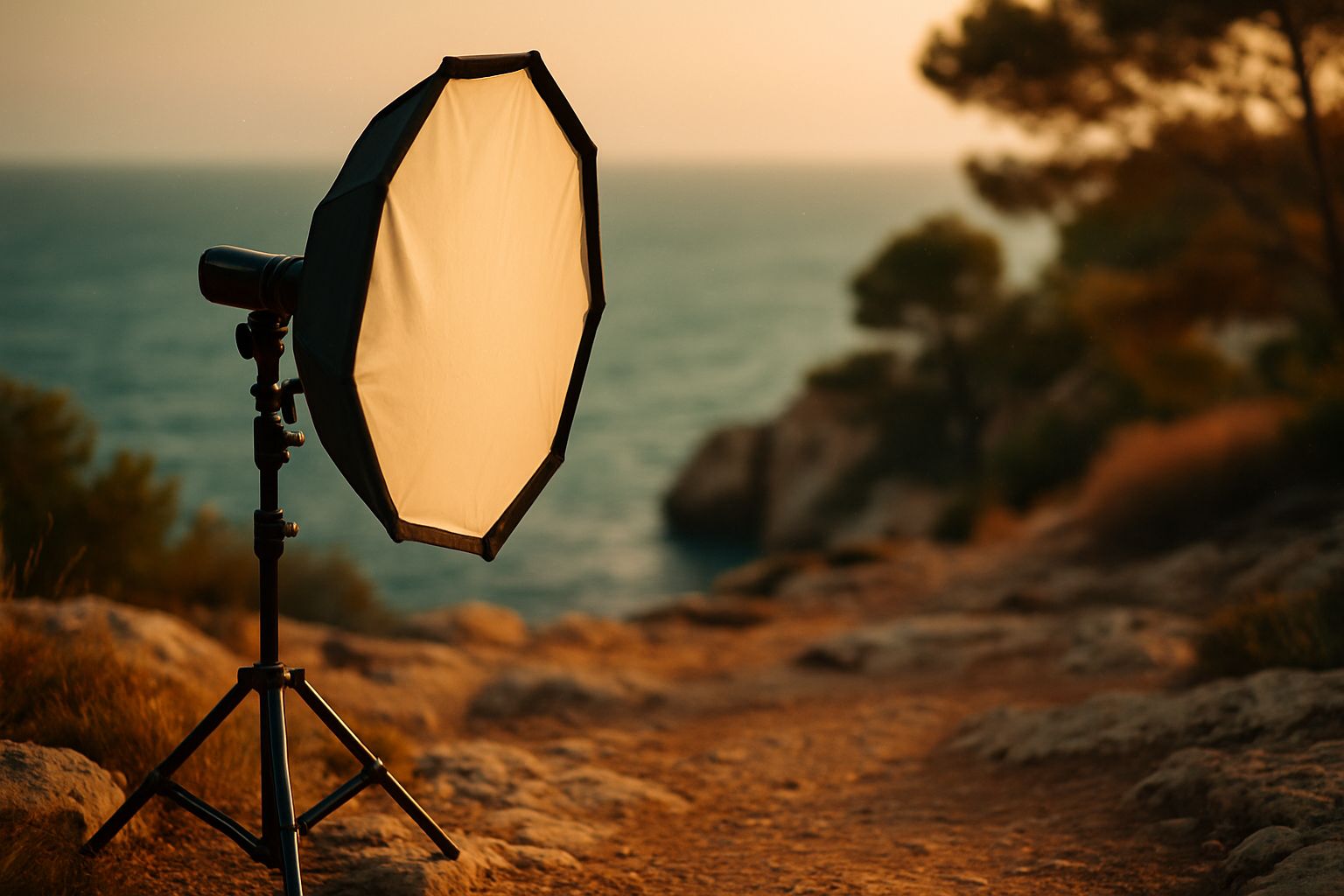 Pocket strobe 120Ws monté sur pied de studio en session outdoor au coucher du soleil, softbox octogonale ouverte, mood cinématique