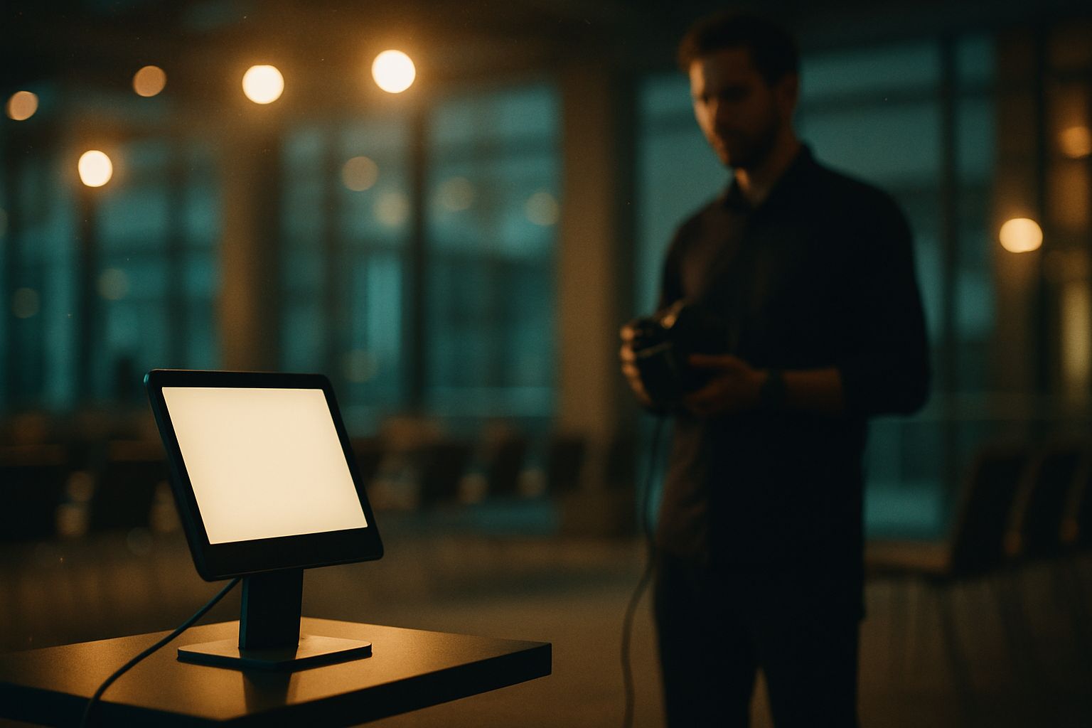 Photographe pro en reportage corporate transférant ses images vers une tablette via une application mobile