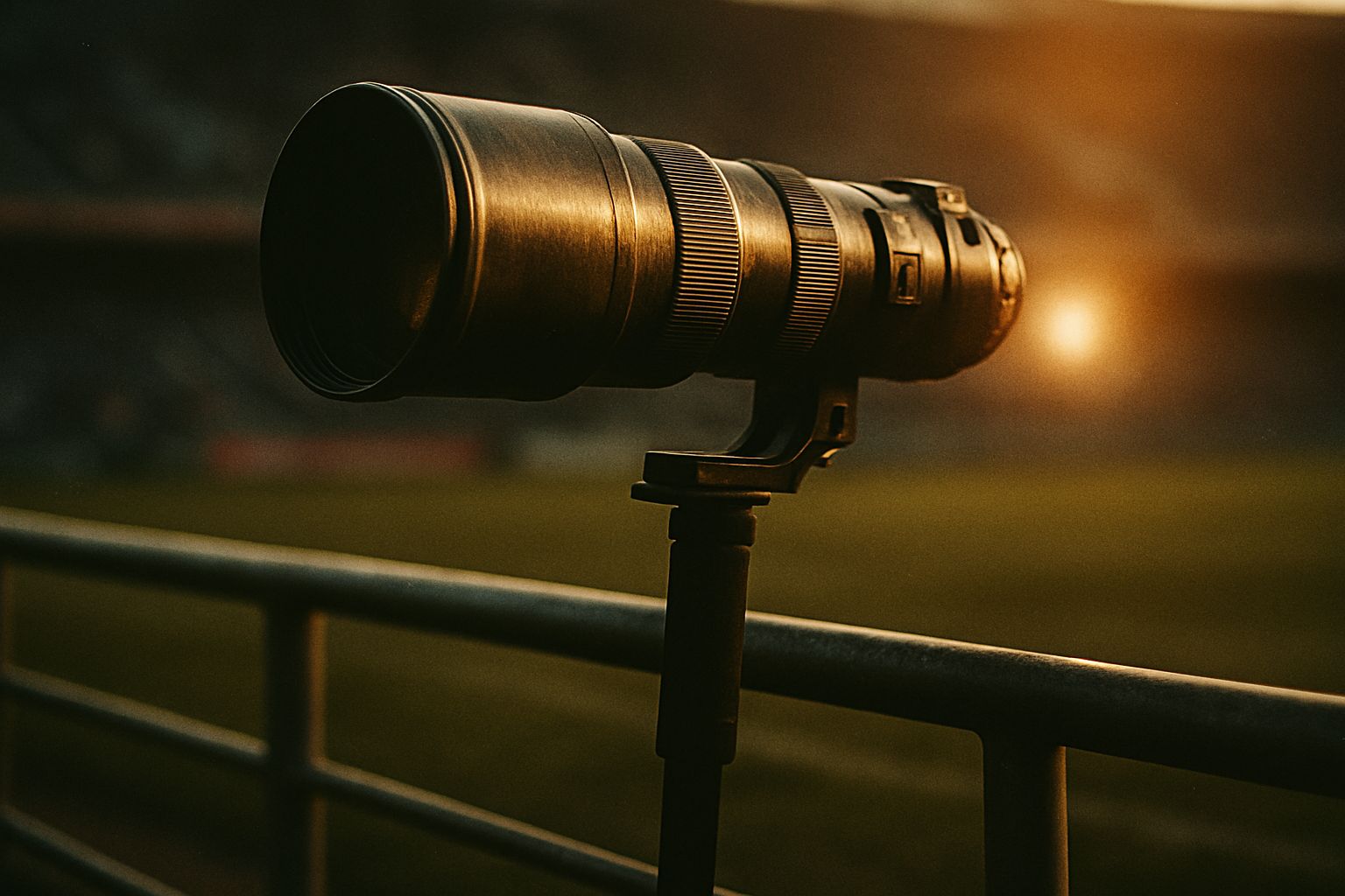 Téléobjectif professionnel posé sur un monopode au bord d'un terrain de sport, lumière dorée de fin de journée