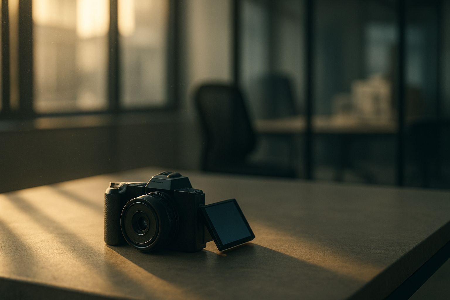 Boîtier hybride plein format compact au sommet plat posé sur un plan de travail dans un bureau moderne en fin de journée