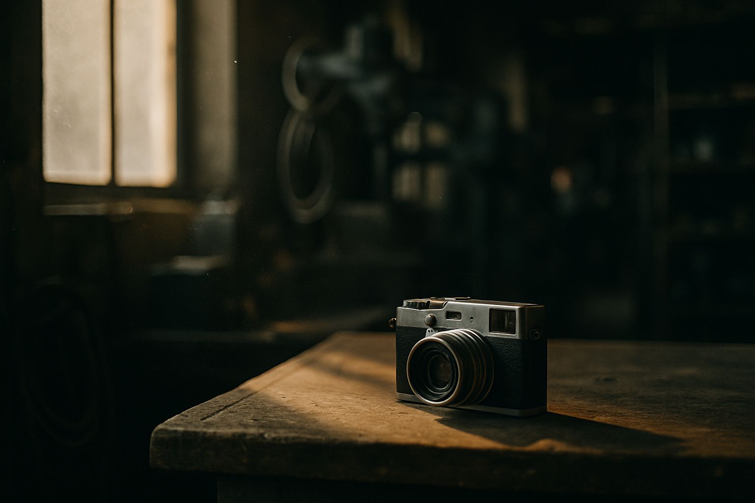 Petit hybride Micro 4/3 posé sur un établi d'atelier industriel, lumière rasante de fin de journée