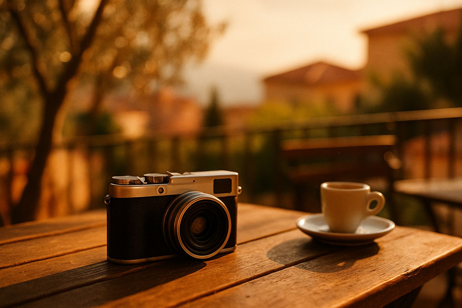 Compact Panasonic Lumix L10 posé sur une table en terrasse méditerranéenne avec lumière dorée