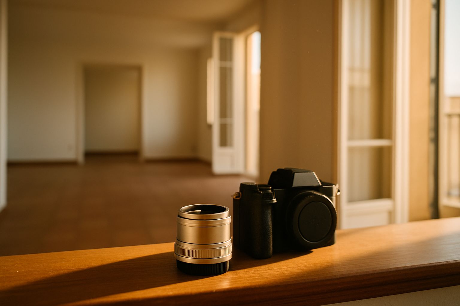 Objectif grand-angle compact posé sur un rebord de fenêtre en bois dans un appartement lumineux vide, lors d'une séance photo immobilière