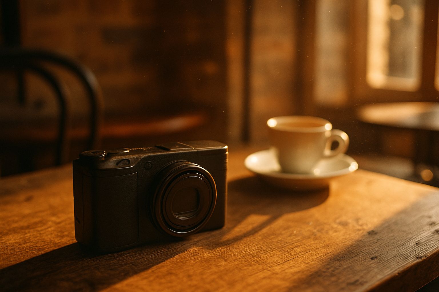 Compact Ricoh GR IV posé sur une table de café en lumière naturelle