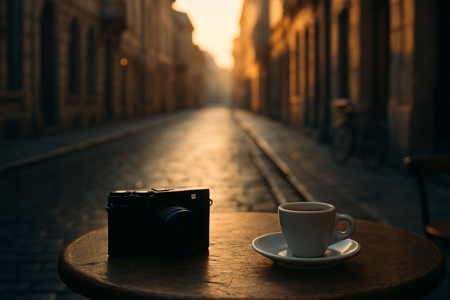 Appareil photo compact posé sur une table de café dans une rue européenne au petit matin