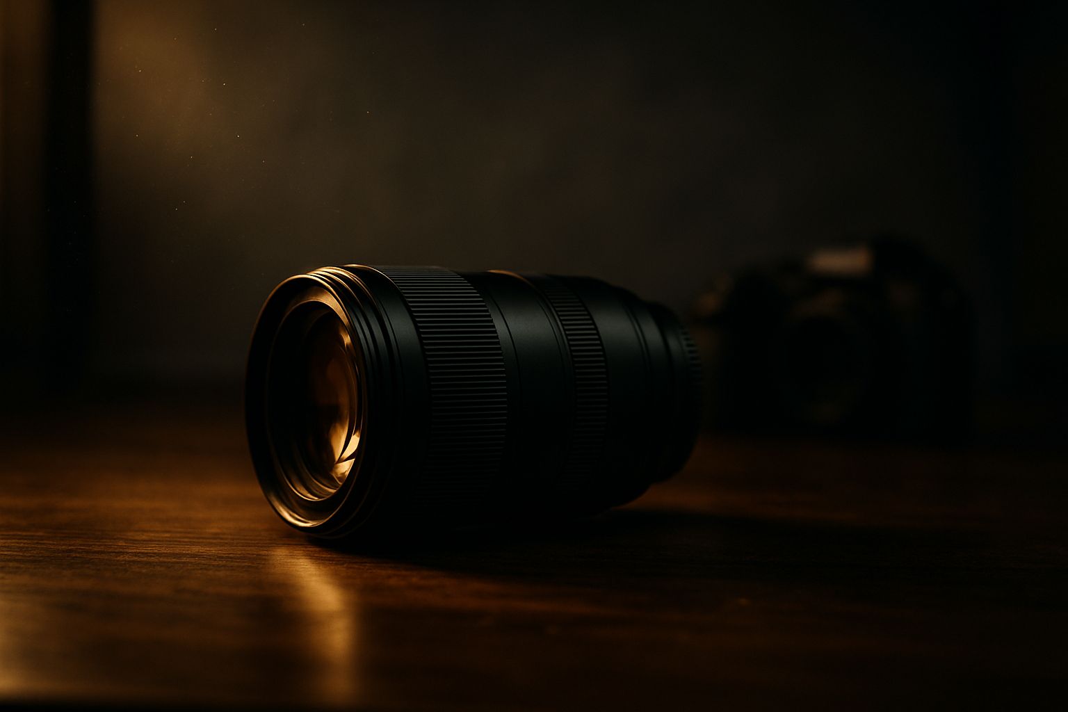 Mise en scène éditoriale d'un téléobjectif compact noir posé sur une table en bois sombre, lumière latérale chaude, atmosphère studio professionnel