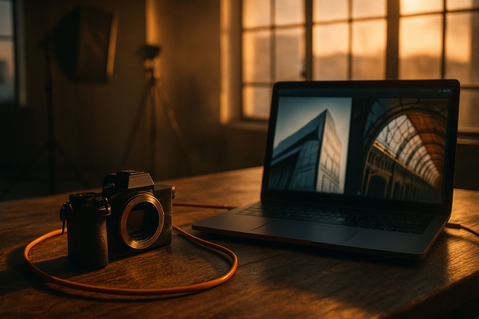 Appareil photo hybride Sony posé sur un bureau de photographe professionnel dans un studio baigné de lumière naturelle