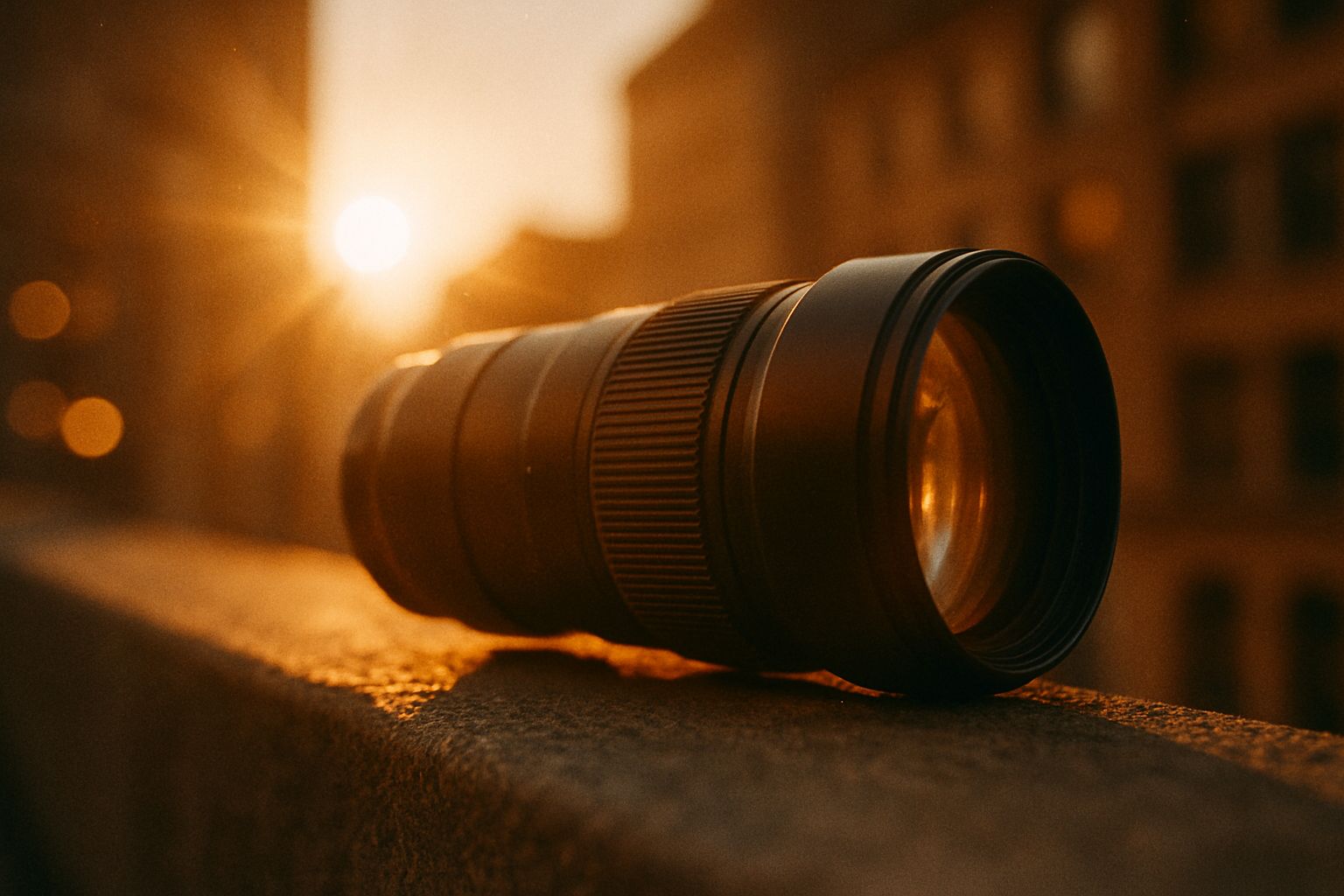 Téléobjectif Sony GM II posé sur un rebord avec lumière dorée en arrière-plan