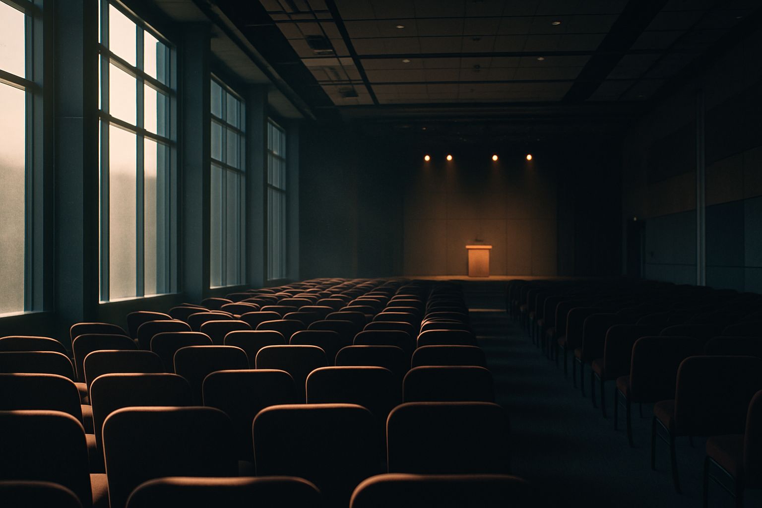 Salle de conférence corporate baignée de lumière naturelle avec estrade éclairée en arrière-plan lointain, ambiance feutrée événementielle
