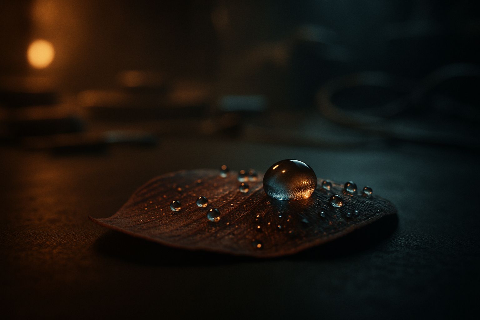Ambiance atelier photo produit avec gouttes d'eau sur pétale de fleur en gros plan macro, éclairage cinématique tamisé