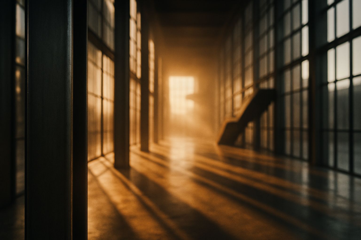 Intérieur d'un hall industriel moderne avec structure métallique et grande verrière, ambiance atmosphérique cinématique, lumière rasante latérale, faible profondeur de champ