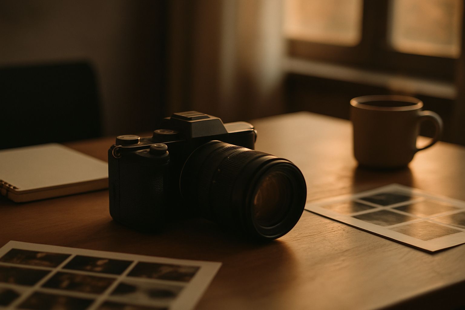 Zoom photo APS-C posé sur une table en bois à côté d'un boîtier hybride, lumière de fin de journée