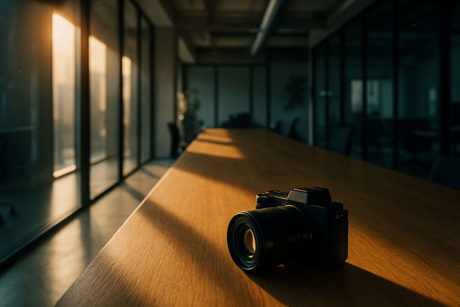 Intérieur d'un bureau d'entreprise contemporain photographié au grand-angle, lumière rasante de fin de journée, appareil hybride compact posé sur une table en bois